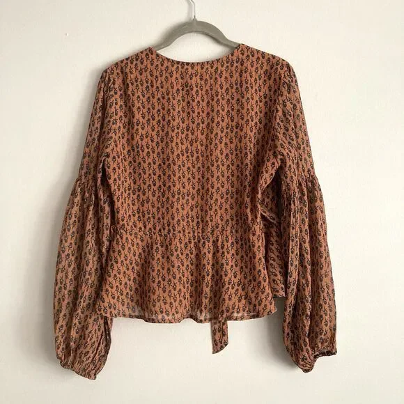 Anthropologie PORRIDGE Puff Long Sleeve Wrap Blouse Size Small Brown Floral - Picture 7 of 8